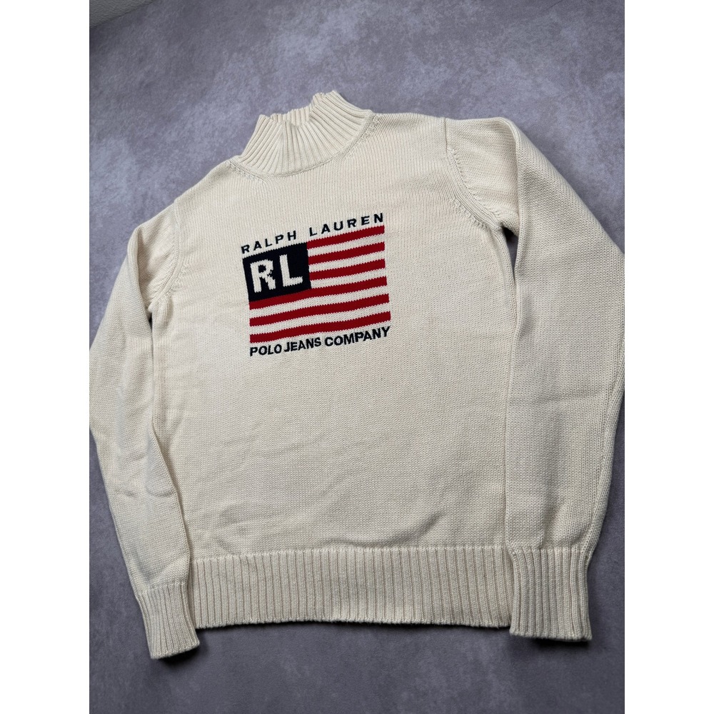 VTG Ralph Lauren Polo Jeans Co American Flag Mock Cotton Sweater Beige Womens S - Picture 8 of 13